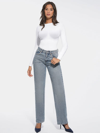 Round Neck Waist and Snap Crotch Briefs Bodysuit
