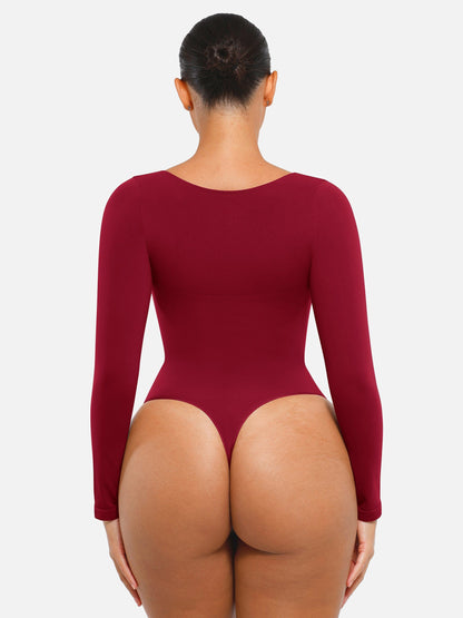 Seamless Long Sleeve Chest Support Tummy Control Thong Bodysuit