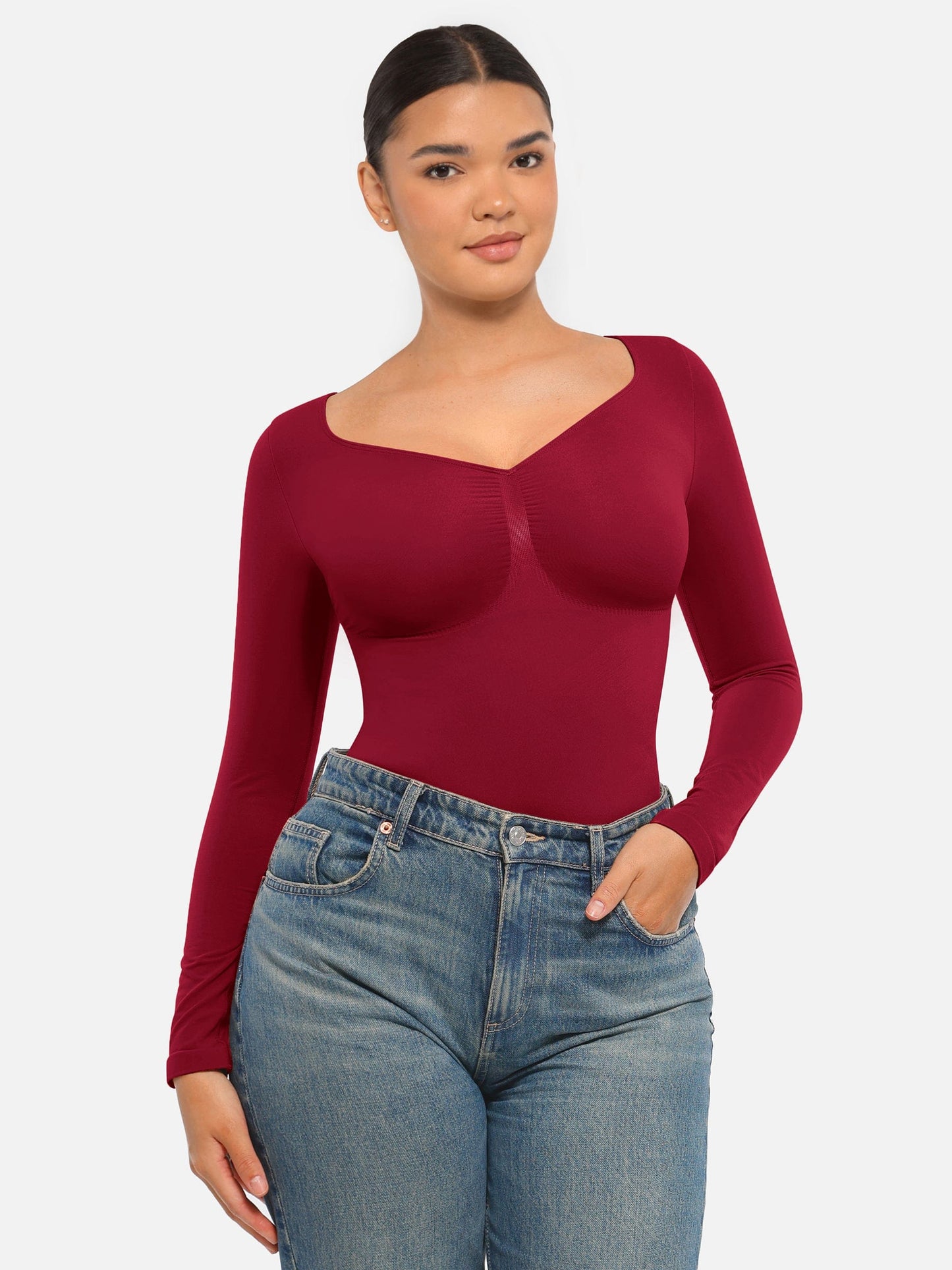 Seamless Long Sleeve Chest Support Tummy Control Thong Bodysuit