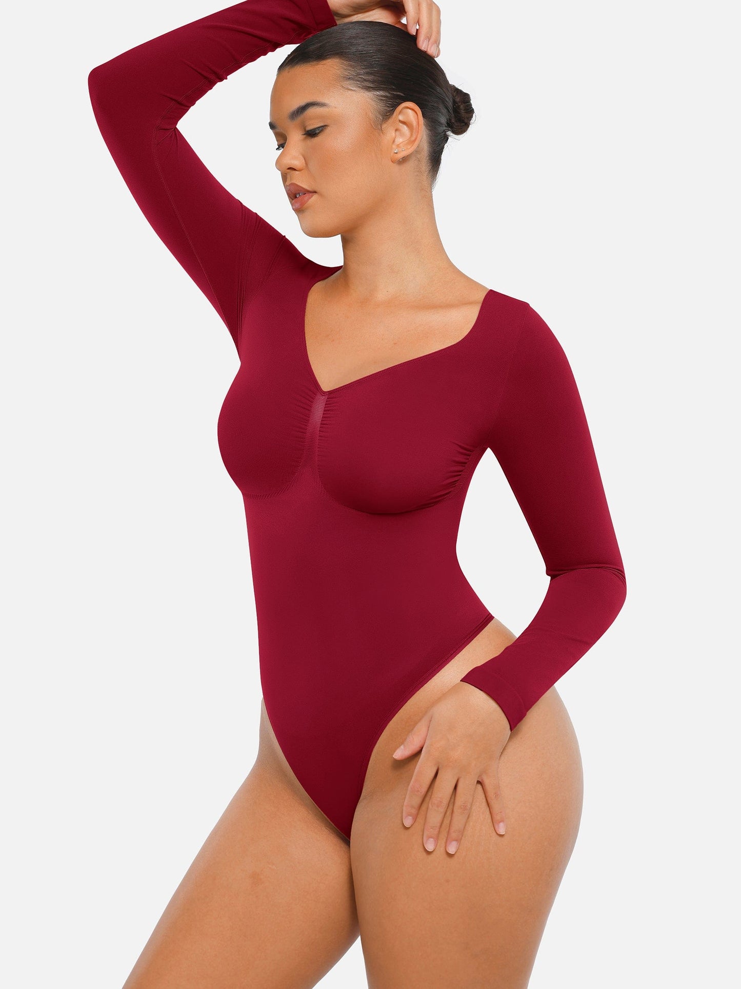 Seamless Long Sleeve Chest Support Tummy Control Thong Bodysuit