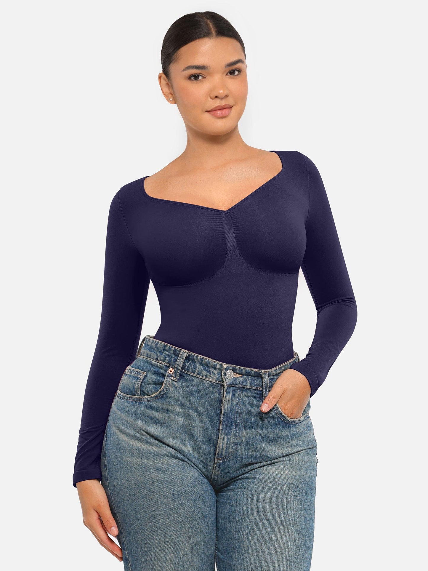 Seamless Long Sleeve Chest Support Tummy Control Thong Bodysuit