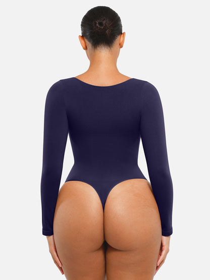 Seamless Long Sleeve Chest Support Tummy Control Thong Bodysuit