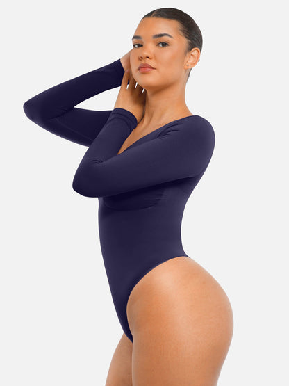 Seamless Long Sleeve Chest Support Tummy Control Thong Bodysuit