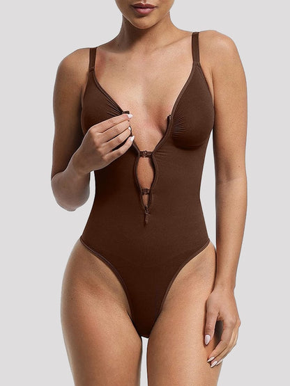 Seamless Plunge Chest Support Bodysuit with Clips Inside