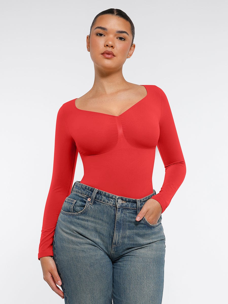 Seamless Long Sleeve Chest Support Tummy Control Thong Bodysuit