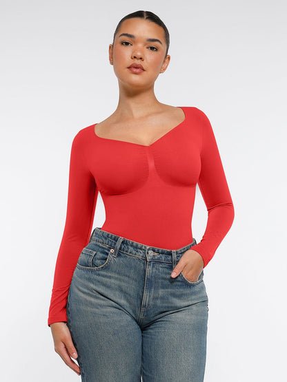 Seamless Long Sleeve Chest Support Tummy Control Thong Bodysuit